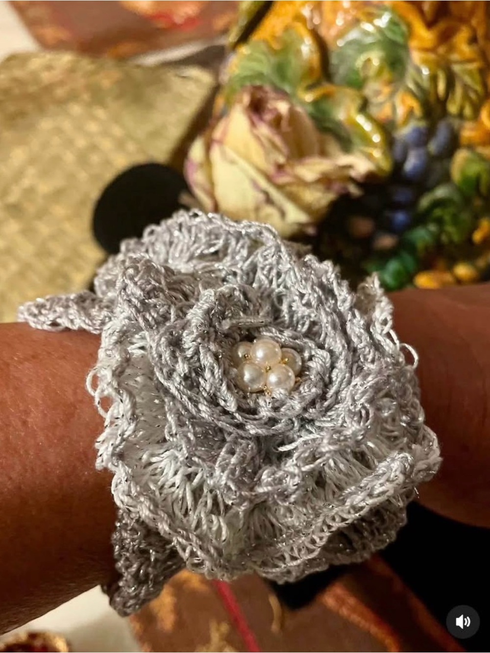 Handmade Silver Crochet Flower Bracelet with Pearl Cluster